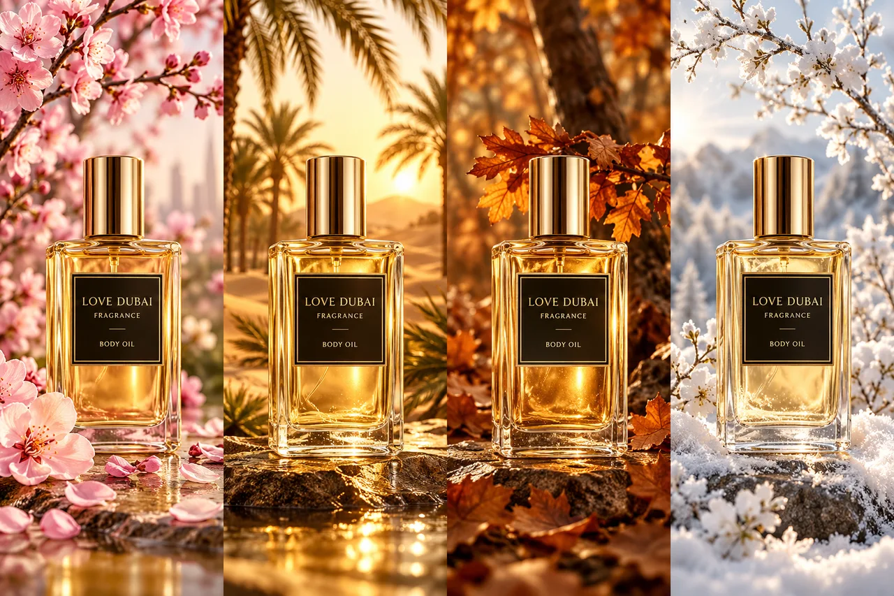 Love Dubai Fragrance body oil across four seasonal landscapes