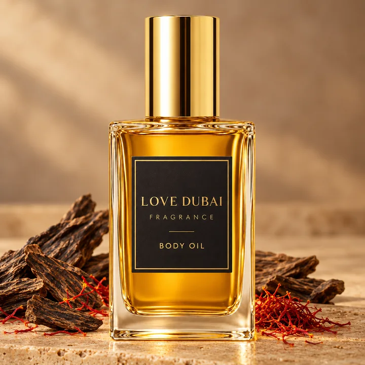 Love Dubai oud body-oil campaign illustration