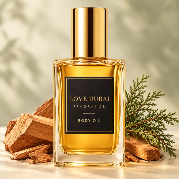 Love Dubai woody body-oil campaign illustration